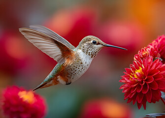 Fototapeta premium A tiny hummingbird sips nectar from a vibrant red flower wings spread in a moment of pure joy in