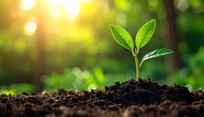 Fototapeta premium Young green seedling growing in fertile soil with morning sunlight in a lush forest, symbolizing new life and hope