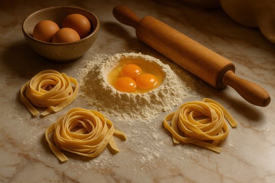 Flour well with cracked eggs and a wooden rolling pin on marble under warm kitchen light, authentic Italian pasta preparation ambiance, tactile flour dust
