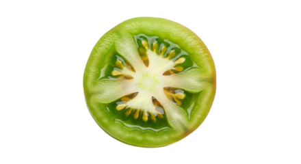 A fresh green tomato slice, isolated on transparent background, showcasing its vibrant color and healthy appeal, perfect for culinary and agricultural themes, with intricate details