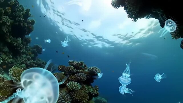 Mesmerizing jellyfish gracefully floating amidst vibrant coral reefs in a stunning underwater ballet for ocean life enthusiasts