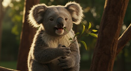 Fototapeta premium Charming koala enjoying a snack amidst sun-dappled trees in the Australian eucalyptus forest