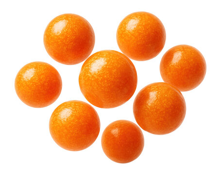 Vitamin A acetate beadlets, orange with a spherical shape and slightly gritty texture