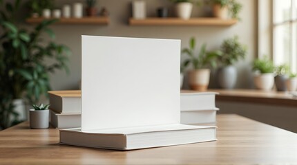 Fototapeta premium Blank book with white pages on wooden table, perfect for mockup, branding, or presentation, surrounded by plants in a bright, modern interior space