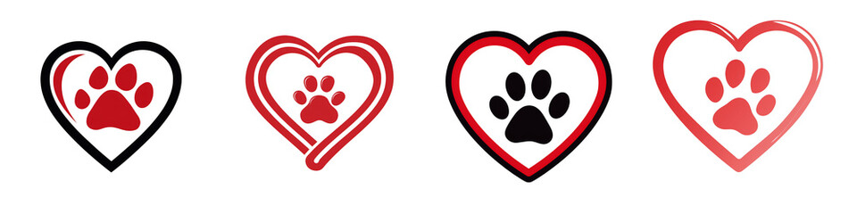 Four red heart shapes with paw prints inside on black background isolated on a transparent background