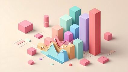 Isometric representation of colorful bar and line charts for data analysis