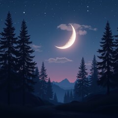 illuminated crescent moon over pine forest night sky twilight serenity nature, trees, branches, stars, shadow, dusk, landscape, canopy, darkness, glow