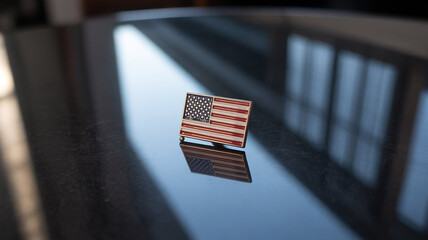 A small american flag pin reflects on a dark, shiny surface, symbolizing patriotism, national pride, and the enduring values of the united states of america