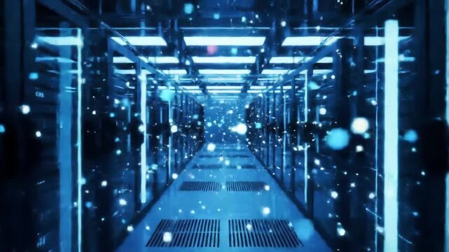 Dynamic Digital Data Flowing Through Futuristic Server Room Network: Abstract Information and Glowing Particles