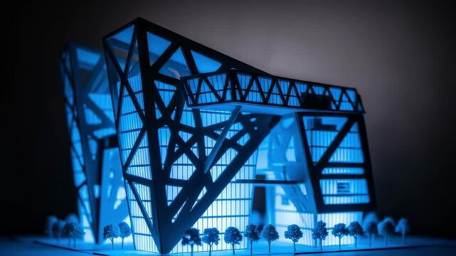 Blue backlit structural model emphasizing cuttingedge design elements.