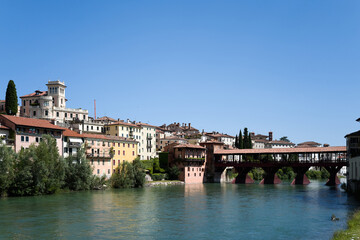 Bassano del Grappa, Vicenza, Veneto, Italy - July 9, 2025 - Views of the city, the castle, and the Alpine Bridge