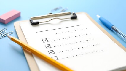 A clipboard with a checklist and a pen, pencil, and eraser on a blue surface