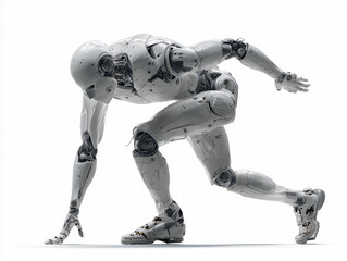 Cinematic-style, ultra-realistic photograph of a humanoid robot deeply engaged in work, captured from an unconventional, dynamic low-angle perspective that emphasizes its form and expression. The subj