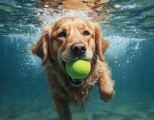 Dog dives underwater with green tennis ball in mouth. Playful golden retriever fetches ball, swims, creates bubbles. Lively, energetic pet enjoys water, performs action, demonstrates joy, dynamic
