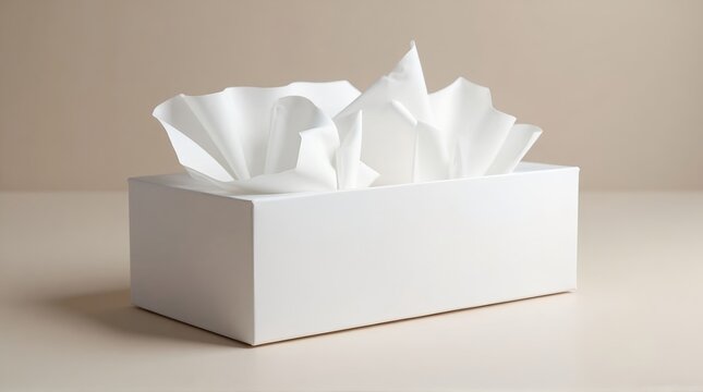 Clean white tissue box with soft tissues, perfect for health and wellness, adding a touch of elegance to any space, ideal for commercial use