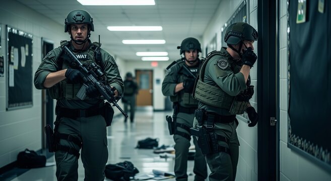 Swat officers advancing through school hallway with tactical gear, rifles and focused stance during security operation. Law enforcement team conducting emergency response drill
