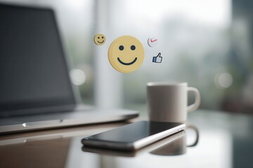 smartphone on office desk near laptop and coffee cup, floating emojis above the screen smiley face, thumbs up, check mark 