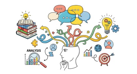 Colorful Illustration of Brainstorming, Ideas, Analysis, and Problem-Solving Concepts