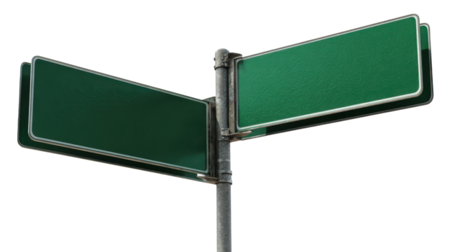 Green street signs mounted on metal pole, offering blank spaces for custom text with transparent backdrop, ready for design insertion