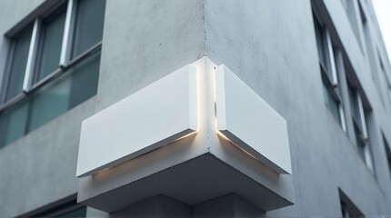Low angle view of a building corner with a white sign and windows on a cloudy day in the city area
