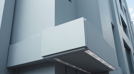 A low angle shot of a modern building with a sign and an awning on a cloudy day outside city