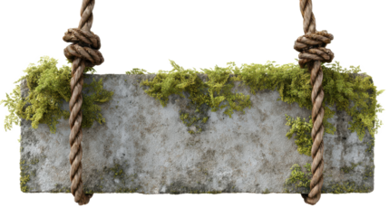 Weathered concrete slab suspended by ropes, covered in green moss, offering textural industrial aesthetic against transparent backdrop