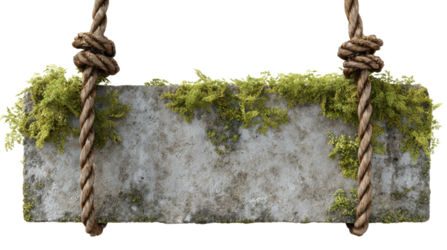 Weathered concrete slab suspended by ropes, covered in green moss, offering textural industrial aesthetic against transparent backdrop