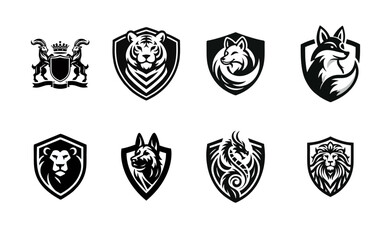 Black and White Animal Shield Logo Vector Set