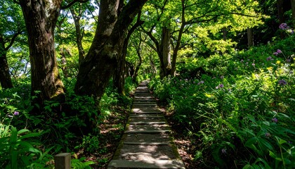 Lush forest path steps