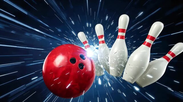 Exciting bowling strike moment captured as the ball hits the pins with powerful energy in a dark bowling alley