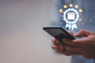 Certified business concept with quality assurance icon top of service in hand, representing trusted services and verified shops. Ideal for e-commerce, brand trust, or digital marketing visuals.