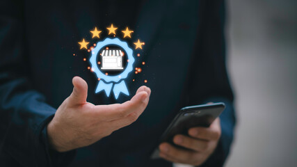 Certified business concept with quality assurance icon top of service in hand, representing trusted...