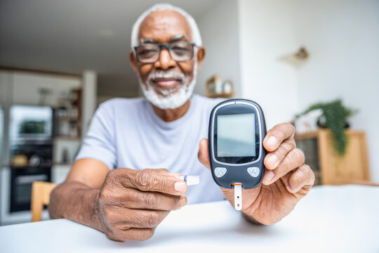 Elderly black man checking blood sugar levels with glucometer for health management