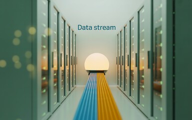 Server room with glowing orb and data cables data center