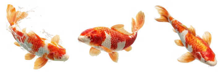 Three orange and white koi fish swimming with water splashes isolated on a transparent background carp