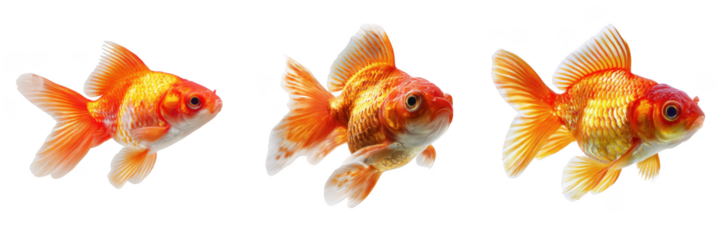 Three orange and white goldfish swimming in a line isolated on a transparent background aquatic animal