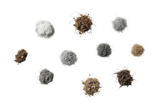 Scattered small particles of dirt, dust, and microscopic debris in muted tones, ultra-realistic macro top-down flat lay on a transparent studio background with copy space. Concept of microscopic