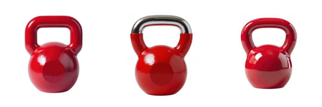 Three red kettlebells with different handle designs on black isolated on a transparent background fitness - Powered by Adobe