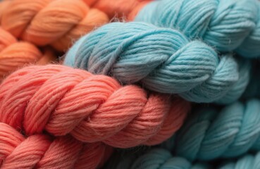 Close-up of braided cotton yarn in peach, light blue colors. Knitting store background of colorful big thread braids arranged in row. Perfect texture for handmade shop promotion.