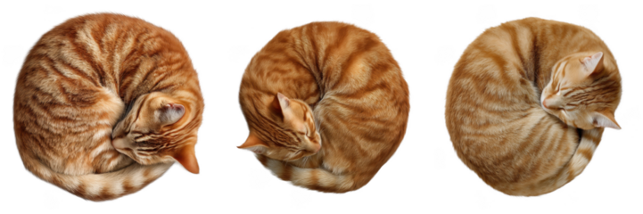 Three orange tabby cats curled sleeping on black background isolated on a transparent background image