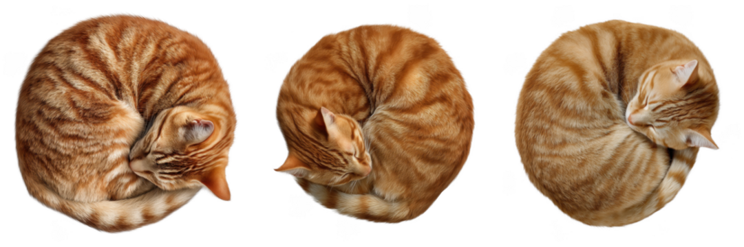 Three orange tabby cats curled sleeping on black background isolated on a transparent background image