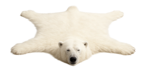 Polar bear pelt with thick, white fur and coarse texture