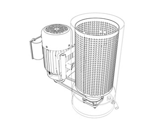 Centrifugal Spin Dryer Blueprint: Precision wireframe technical drawing of a compact mini hydro oil dryer machine. Perfect for industrial fluid separation, metal cleaning, and efficient component