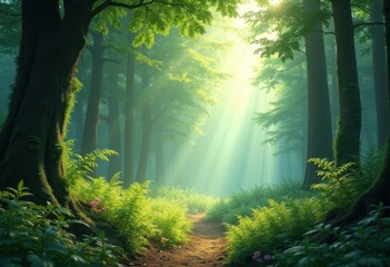 Obraz premium radiant sunlight filtering through lush green foliage nature scene tranquil serenity vibrant forest canopy, leaves, branches, shade, illumination