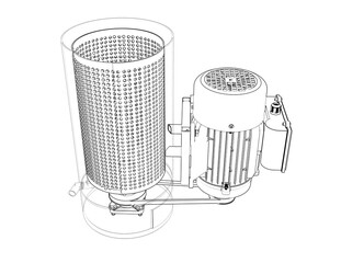 Centrifugal Spin Dryer Blueprint: Precision wireframe technical drawing of a compact mini hydro oil dryer machine. Perfect for industrial fluid separation, metal cleaning, and efficient component