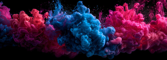 Fototapeta premium A vibrant splash of blue and red ink, creating an abstract explosion against the black background, fireworks