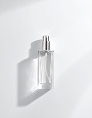 Minimalist contemporary product shot of a tall, clear glass spray bottle with silver cap on a white background with harsh shadow and sunlight. High-contrast elegance