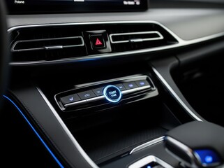 Close-up of start button being pressed on sleek car dashboard, lighting up modern controls with smooth detail and reflection