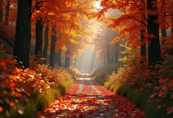 Fototapeta premium scenic wilderness trail autumn foliage turning colors natural beauty vibrant scenic pathway nature trails serenity, landscape, forest, leaves, trees, pine, view, park