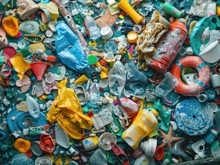 Colorful assortment of discarded plastic waste, including bottles, containers, and toys, scattered on a surface, highlighting the environmental impact of pollution and waste management challenges